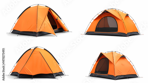 Wallpaper Mural Orange Camping Tent:  A set of four images showcases an orange camping tent, featuring different angles and perspectives, ideal for showcasing the tent's design, functionality. Torontodigital.ca