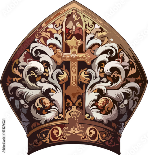 Baroque Style Papal Mitre Vector with Ornate Gold Cross and Intricate Scrollwork – Catholic Bishop Hat Illustration