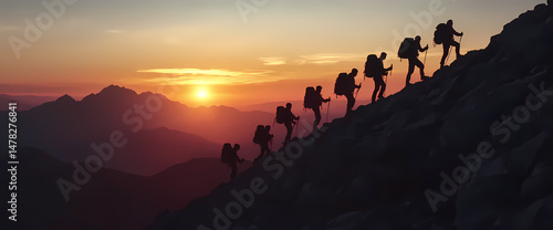 Scaling New Heights: A silhouette of a team of hikers ascending a rugged mountain ridge, framed against a vibrant sunset sky, evoking a sense of adventure and determination.