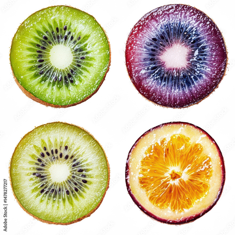 Fototapeta premium Four colorful fruit slices on a clean white background. Kiwi, orange, and purple citrus cross sections in a neat grid. Fresh variety and vibrant energy. Perfect for food branding, menus