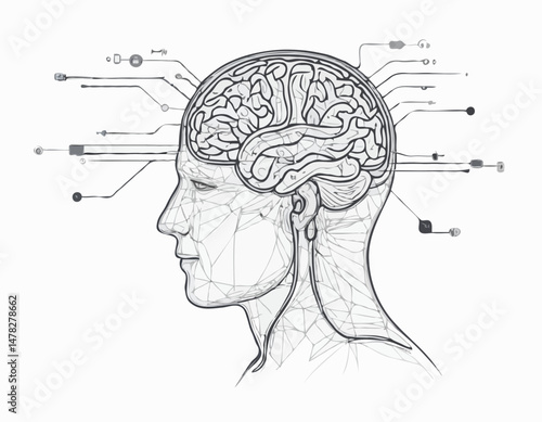 Human Brain Connected to AI Circuitry, Line Drawing Concept, representing Cognitive Enhancement, Neurotechnology, and the Merging of Man and Machine.