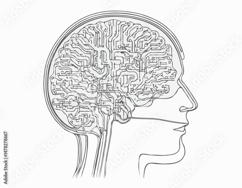 Human Brain Connected to AI Circuitry, Line Drawing Concept, representing Cognitive Enhancement, Neurotechnology, and the Merging of Man and Machine.