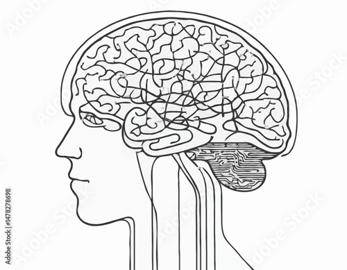 Human Brain Connected to AI Circuitry, Line Drawing Concept, representing Cognitive Enhancement, Neurotechnology, and the Merging of Man and Machine.