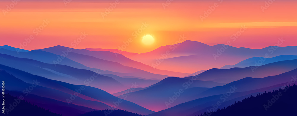 Obraz premium Majestic Sunset over Mountains: The sun dips below the horizon, casting a warm, vibrant glow over layers of majestic mountains, creating a breathtaking landscape. Capturing nature's splendor