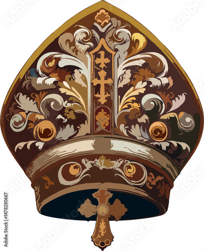 Highly Ornate Papal Mitre Vector with Baroque Gold Cross and Intricate Scroll Embellishments – Catholic Bishop Headdress Illustration