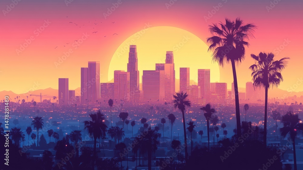 custom made wallpaper toronto digitalLos Angeles Sunset With Palm Trees & Vibrant Sky. Evokes Retro Vibes, Perfect For Summer & Vacation Themes.