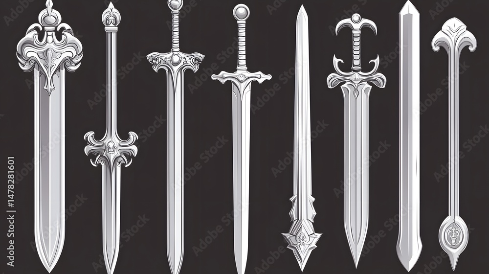 Fototapeta premium Collection of Fantasy Silver Swords Blades Medieval Weapons