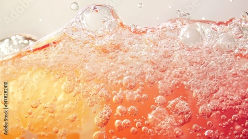 Close-up of effervescent bubbles and fluid, creating a dynamic and refreshing drink scene