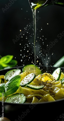 Pasta with zucchini, olive oil, and cooking.