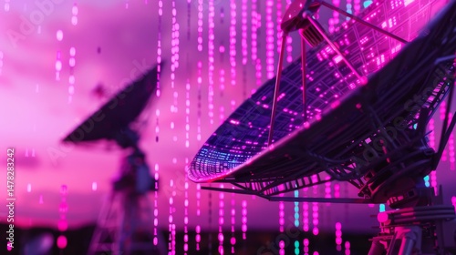 glitching satellite dish transmitting malicious code neon purple on dish .