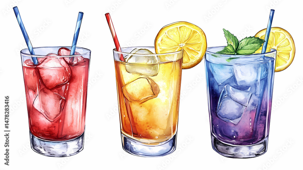 Refreshing Trio: A vibrant and tempting watercolor painting showcasing three colorful cocktail glasses, each filled with a unique, cool beverage, ice cubes, and a straw. Refreshing Trio: A vibrant and tempting watercolor painting showcasing three colorful cocktail glasses, each filled with a unique, cool beverage, ice cubes, and a straw.
