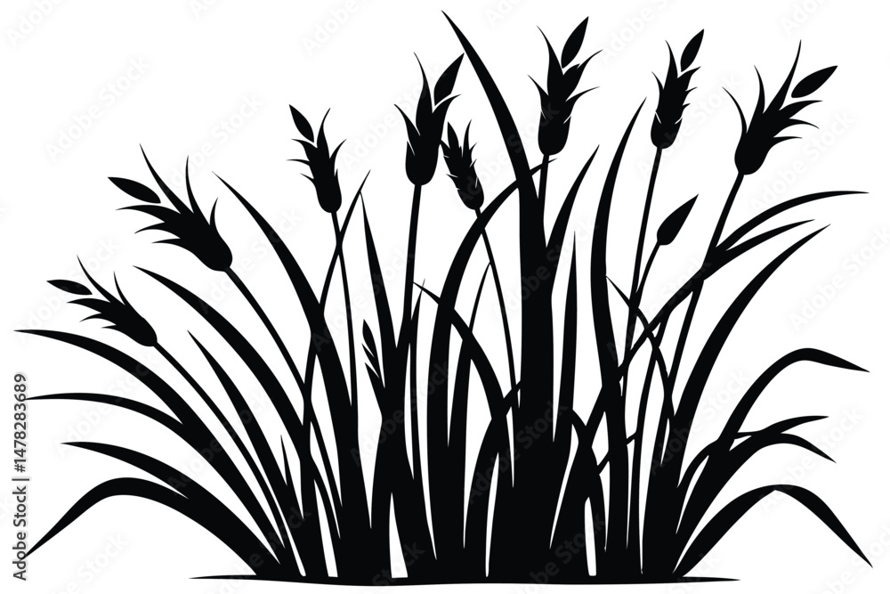 Fototapeta premium Silhouette Illustration Featuring Black Grasses and Wheat Plants with Bold Outlines Graphic