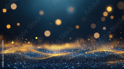 Dark Blue Gold Glitter Background with Bokeh Lights and Stars - Luxurious Vector Abstract Design for Christmas Cards, New Year Celebrations, or Brand Packaging