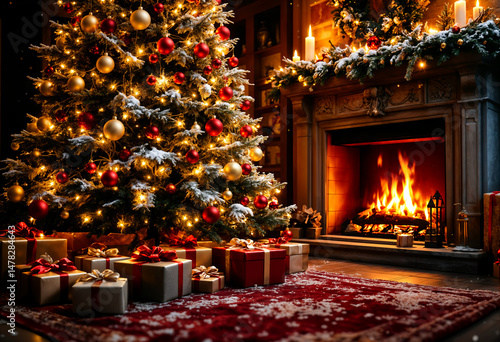 christmas tree in front of fireplace