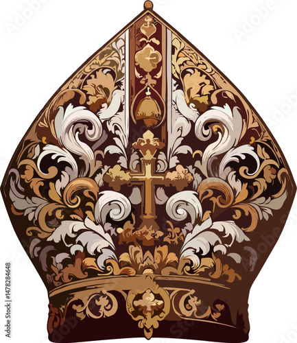 Intricate Papal Mitre Vector with Gold Cross and Baroque Scroll Ornaments – Catholic Clergy Headdress Illustration for Liturgical Design
