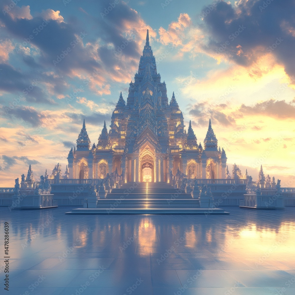 Naklejka premium A Majestic temple reflecting light under the cloudy sky. The image depicts the grand architecture of a temple during sunset or sunrise. The image evoke a sense of peace and serenity