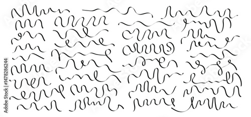 Abstract doodle hand drawn set of black vector curly ribbons, swashes, calligraphy lines. Flourish wavy swirls, elegant strokes for graphic design, frame and underline border decoration