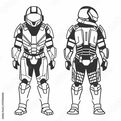 Detailed Line Art of a Futuristic Robot Costume, Sci-Fi Armor, Ready for Battle, Suitable for Game Development or Technology-Themed Illustrations.