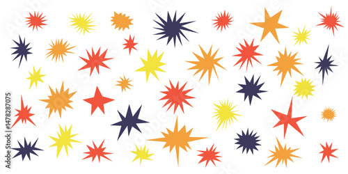 Hand drawn vector set of abstract colorful shine star shapes. Bright red, yellow geometric vector sparkles and stars elements for graphic design, pattern, greeting cards, banner decoration, sticker