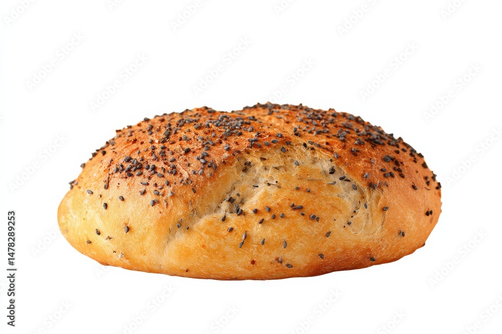 Golden-brown artisan bread, sprinkled with seeds, sits on a white background. Golden-brown artisan bread, sprinkled with seeds, sits on a white background.