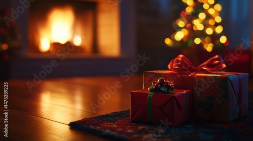 Cozy Living Room with Christmas Tree and Gifts by the Fireplace at Night