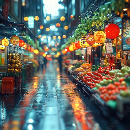 Rainy market alleyway, vibrant stalls
