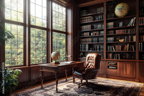 Timeless Library: A classic library with natural light, complete with a traditional desk, a globe, and shelves lined with books creates an atmosphere of wisdom and tranquility.