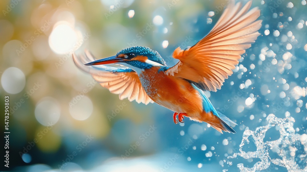 Obraz premium Kingfisher soaring elegantly amidst shimmering water droplets and soft light
