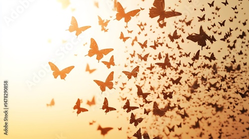 Abstract animation style notes transforming into butterflies symbolizing transformation imagination through music
