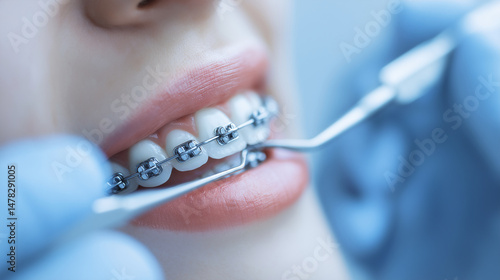 Close-up of dental checkup with orthodontic braces, professional oral care and teeth alignment procedure