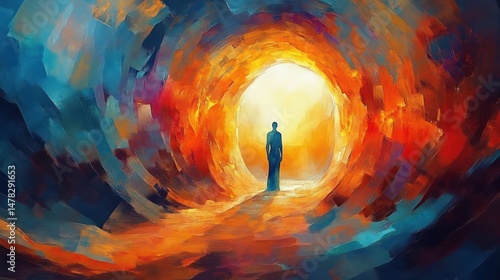 Silhouette of a person standing at the end of a vibrant tunnel with swirling vivid orange, blue, and purple colors surrounding a bright, glowing light