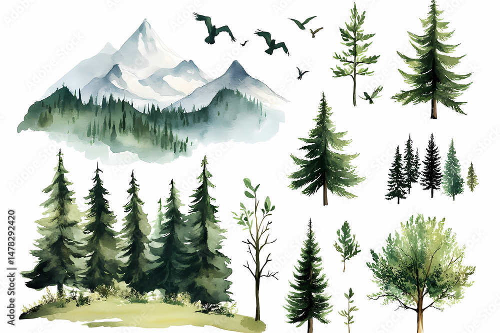 Fototapeta premium Mountain Forest Illustration: A serene watercolor illustration captures the beauty of a mountain forest landscape, with majestic peaks, lush trees, and soaring birds.