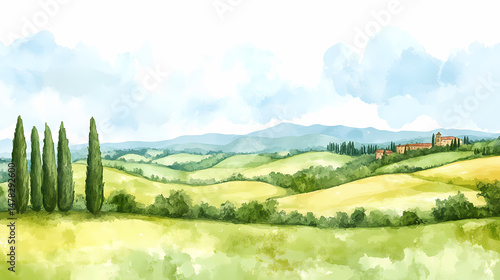 Tuscan Landscape: A vibrant watercolor painting capturing the essence of the Italian countryside. Rolling hills, towering cypress trees.