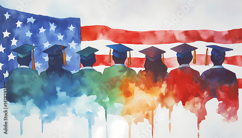 Wallpaper Mural American Graduation: A vibrant watercolor painting depicts a diverse group of graduates in caps and gowns, standing before an American flag, symbolizing unity, hope, and academic achievement. Torontodigital.ca