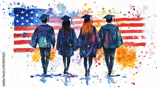 Wallpaper Mural American Graduation Watercolor: A vibrant watercolor painting depicts four graduates in caps and gowns, their backs turned, walking towards a future painted with an American flag. Torontodigital.ca