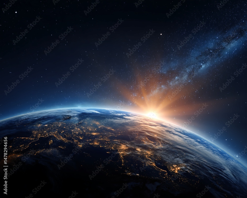 Fototapeta premium Earth, Sun, and Milky Way at Night