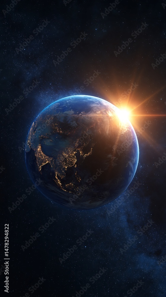 Obraz premium Earth with Rising Sun and City Lights from Space