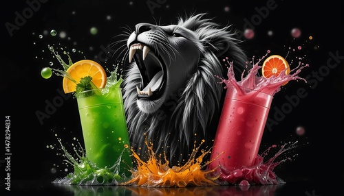 Unleash Your Inner Beast: Dynamic Roaring Lion & Explosive Fruit Juices for Ultimate Power & Refreshment