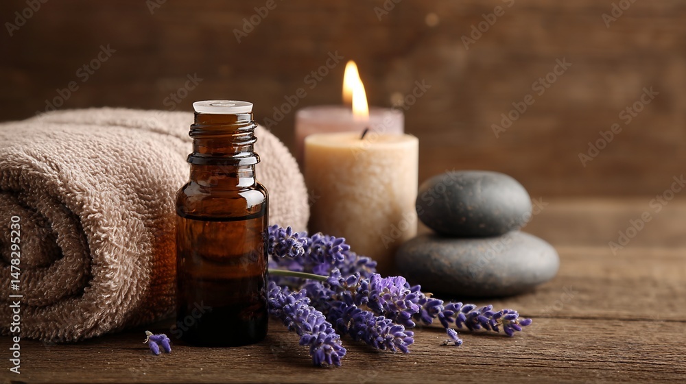 Essential Oil, Towel, Lavender, and Stones on Wooden Surface Essential Oil, Towel, Lavender, and Stones on Wooden Surface