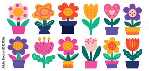
Bright and playful vector illustration of potted flowers in a flat modern style. Perfect for spring designs, kids decor, greeting cards, and cheerful web project