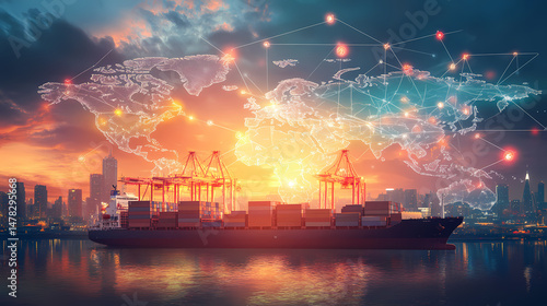 Global Trade & Logistics: A dynamic image showcasing the intricate dance of international trade and transport, featuring a cargo ship sailing towards a city skyline, the world map over it.