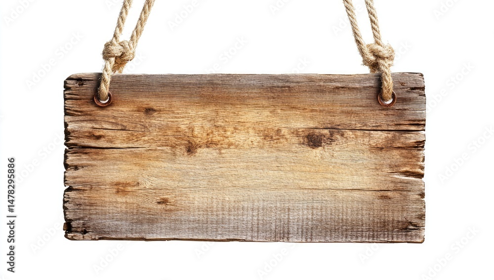 Rustic wooden sign, hanging by ropes Rustic wooden sign, hanging by ropes