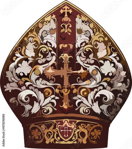 Baroque Papal Mitre with Red and Gold Cross Design – Ornate Bishop Headdress Vector for Liturgical and Religious Art Themes