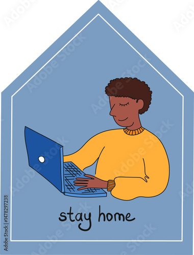 Keep calm and stay home. Pandemic of coronavirus and social distancing, self quarantine concept.Adults staying home in self isolation to reduce risk of spreading the corona.