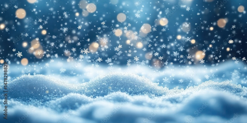 Fototapeta premium Close-up of soft snow-covered ground with gently falling snowflakes and warm glowing light orbs in the background creating a peaceful winter atmosphere