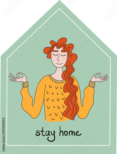Keep calm and stay home. Pandemic of coronavirus and social distancing, self quarantine concept.Adults staying home in self isolation to reduce risk of spreading the corona.