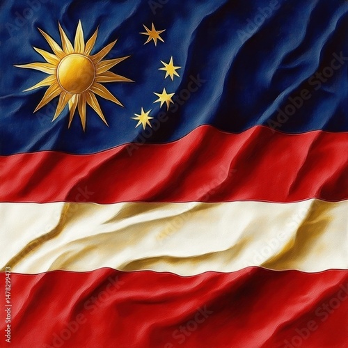 Free Download Wavy national flag with a large golden sun and five stars on a blue field above horizontal red and white stripes - GFXLoad