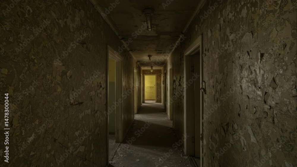 Abandoned corridor with peeling walls and dim lighting in a building Abandoned corridor with peeling walls and dim lighting in a building