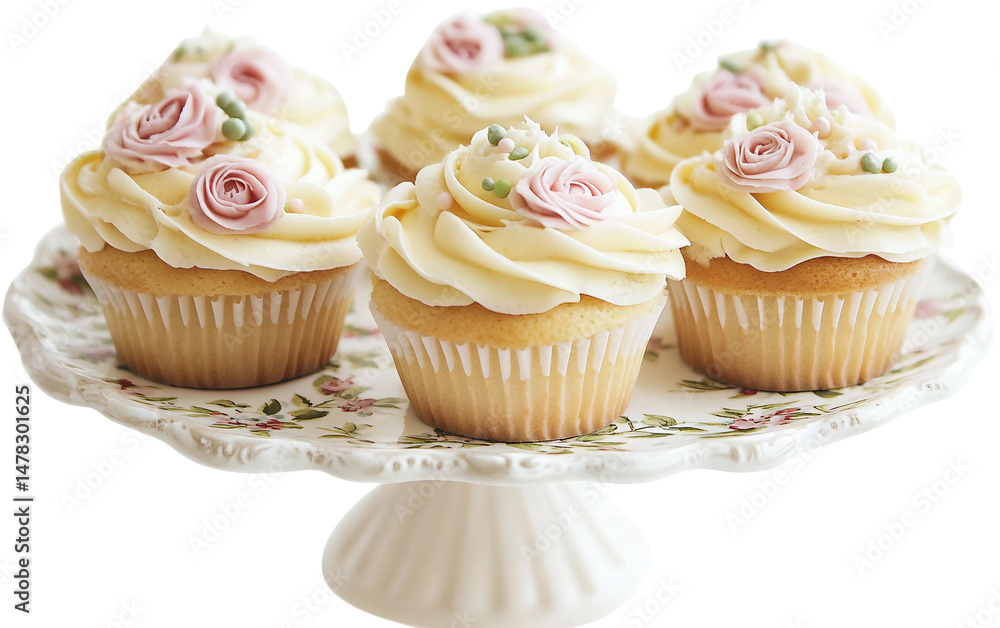 Close up of cupcakes with floral frosting swirls displayed beautifully on an elegant cake stand isolated on white background PNG Close up of cupcakes with floral frosting swirls displayed beautifully on an elegant cake stand isolated on white background PNG