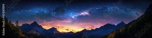 Wallpaper Mural Panoramic view of mountain range under a vibrant sunset sky with purple and orange hues and a clear starry night revealing the Milky Way galaxy Torontodigital.ca